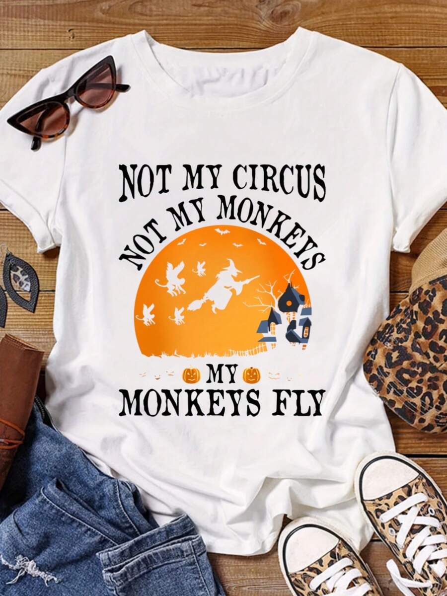 Plus Size - Fashionable Round Neck T-Shirt With Halloween Print And Short Sleeves - 黑 - 查看 1