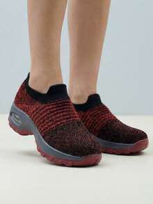 Women's Two-Tone Knit Slip-On Athletic Shoes With Air Cushion Thick Sole Walking Shoes - Ylf1839 Red - View 5