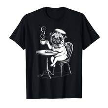 Camiseta con estampado de perro francés Parisian Pug Coffee para mujer, camisetas informales de verano, camisetas de manga corta con cuello redondo, ropa - Multicolor - Ver 1