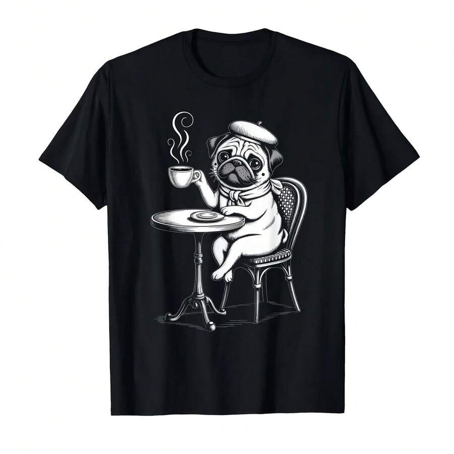 Camiseta con estampado de perro francés Parisian Pug Coffee para mujer, camisetas informales de verano, camisetas de manga corta con cuello redondo, ropa - Multicolor - Ver 1