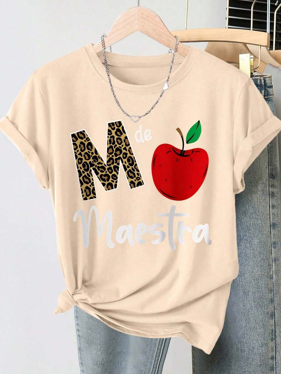 Camiseta de manga corta con cuello redondo vintage, estampado divertido de leopardo M Apple Teacher, estilo fresco y holgado, moda casual elegante primavera/verano 2026 - Albaricoque - Ver 1