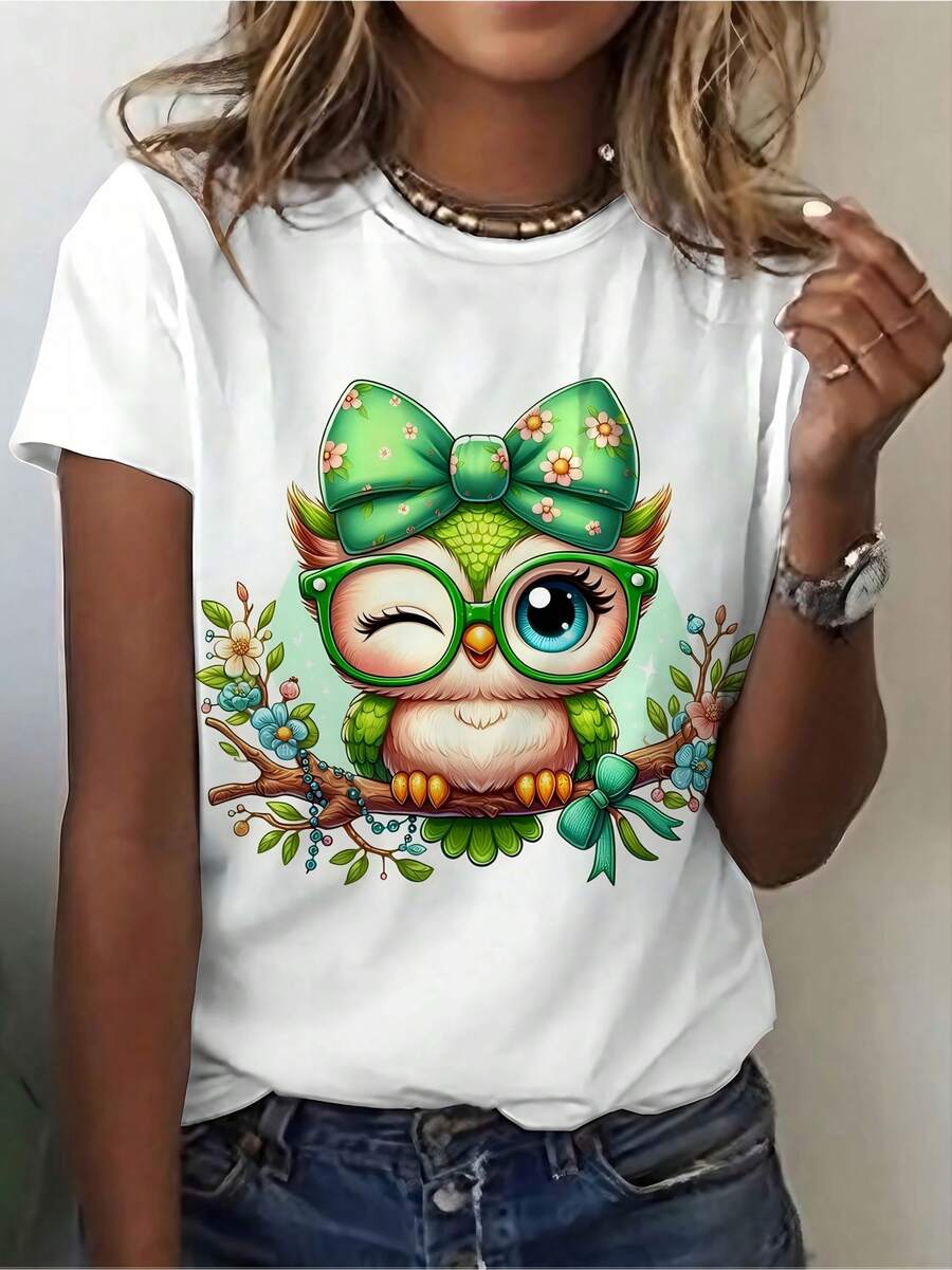 Spring Flower And Owl Decorated Top With Green Bow, Women's Fashion, Casual Round Neck T-Shirt For Women, Elegant Women's Top, Spring/Summer T-Shirt For Women - 白色 - 查看 1