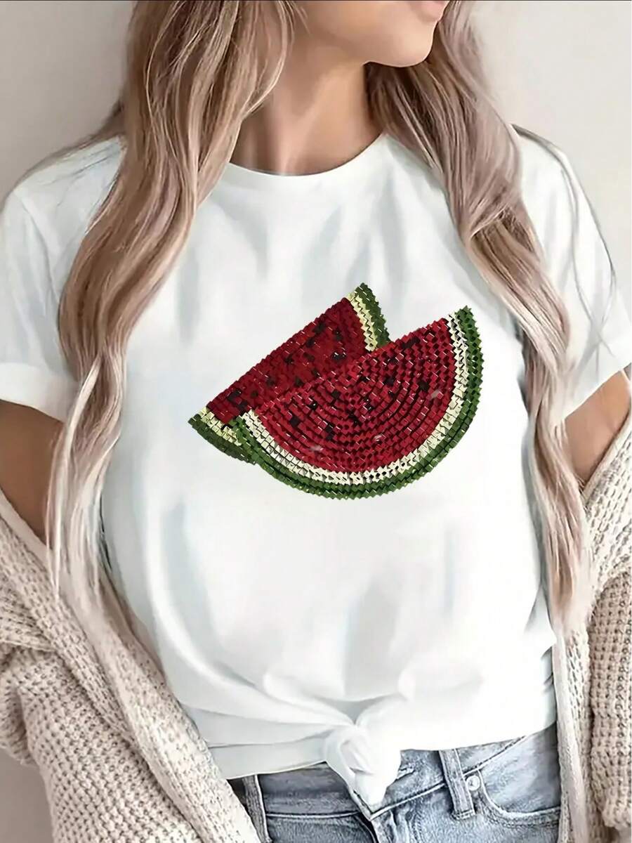 Polyester Short-Sleeved T-Shirt With Watermelon And Rhinestone Design, Lightweight And Durable For Casual Use In The Kitchen Or Living Room, Fashionable Summer Outfit For Women. - White - View 1