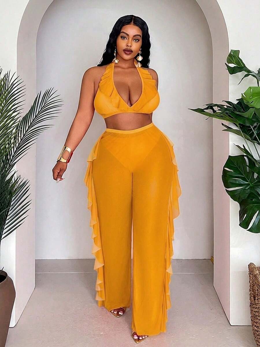 Conjunto de traje de baño de 3 piezas para tallas grandes - Naranja Coral - Ver 1