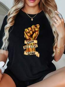 1 Pieza Camiseta de Talla Grande para Mujer Dream But Stay Woke, Camiseta Gráfica Oversize de Manga Corta 220g, Novedosa, 100% Poliéster, Camiseta Casual de Cuello Redondo - Negro - Ver 1