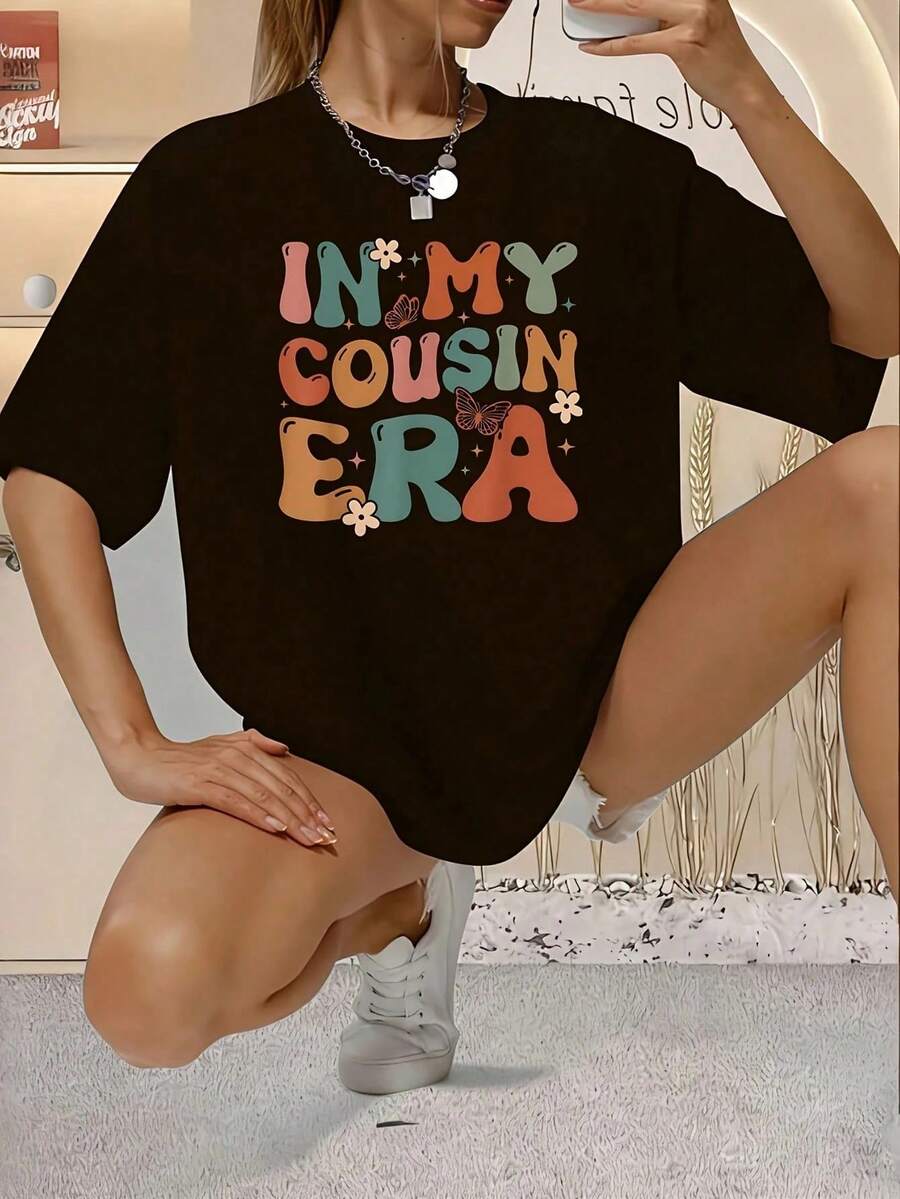 En Mi Era de Mamá Béisbolero, Camiseta de Mujer Talla Grande con Diseño Gráfico, Manga Corta, 220g, Novedosa, 100% Poliéster, Cuello Redondo Casual, 1 Pieza, para el Día de la Madre - Negro - Ver 1