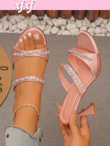 Teen Diamond Studded Double Strap High-Heeled Sandals With Exposed Toes For Breathability, Suitable For Wearing In Party/Daily Street Scenes. - Pink - View 2