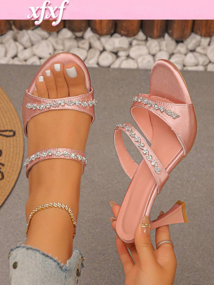 Teen Diamond Studded Double Strap High-Heeled Sandals With Exposed Toes For Breathability, Suitable For Wearing In Party/Daily Street Scenes. - Pink - View 1