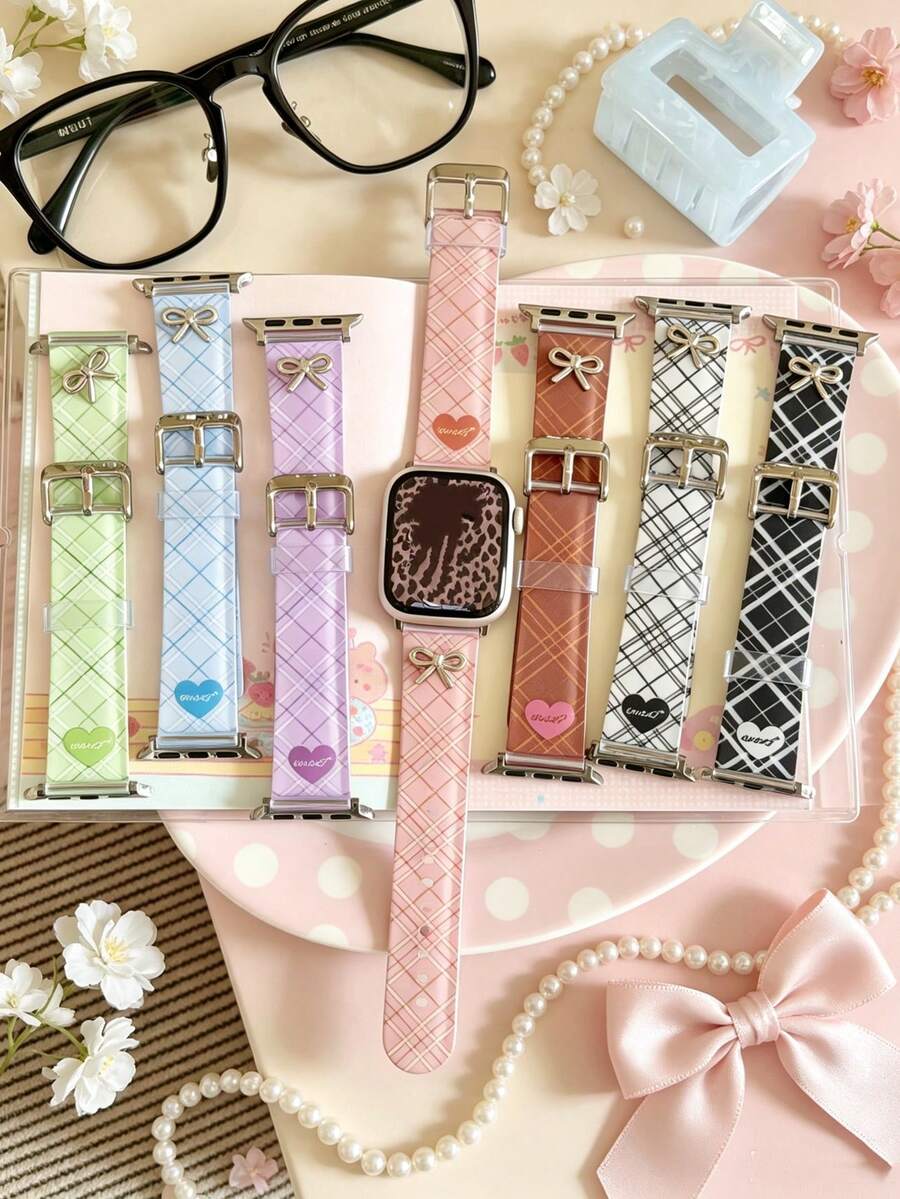 1件格紋3D蝴蝶結TPU錶帶，適用於女孩與兒童，相容於Apple Watch Series 10/9/8/7/6/5/4/3/2/1/SE，尺寸38mm/40mm/41mm/42mm/44mm/45mm/49mm，智慧手錶替換錶帶，時尚保護配件，獨特結飾設計增添魅力，實用且具裝飾性，手錶愛好者必備