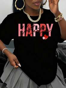 Women's Valentine's Day T-Shirt, White, Cotton, Round Neck, Graphic Print, For Valentine's Day Celebration, Romantic Gift For Her, Fashionable Casual Top - 黑色 - 查看 1