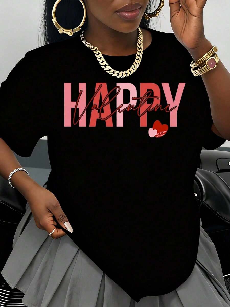 Women's Valentine's Day T-Shirt, White, Cotton, Round Neck, Graphic Print, For Valentine's Day Celebration, Romantic Gift For Her, Fashionable Casual Top - 黑色 - 查看 1