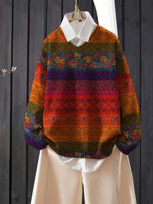 Vipngre Maglione vintage in jacquard floreale a maglia, pullover ampio con spalle cadenti e maniche lunghe, taglie forti da donna, rosso autunno/inverno vacanze - Rosso - Visualizzare 3