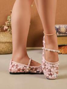 Nuevos zapatos planos Mary Jane para mujer con punta cuadrada, perlas, bordado, malla, encaje y flores, unicolor, moda elegante, bohemio, casual, para vacaciones y fiestas de verano - Rosa - Ver 7