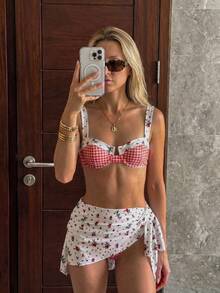 Bộ bikini 3 món họa tiết caro đỏ hoa mùa hè mới, đồ bơi tôn dáng cho kỳ nghỉ bãi biển, bộ đồ bơi thường ngày cho tiệc bãi biển - Nhiều màu - Xem 1