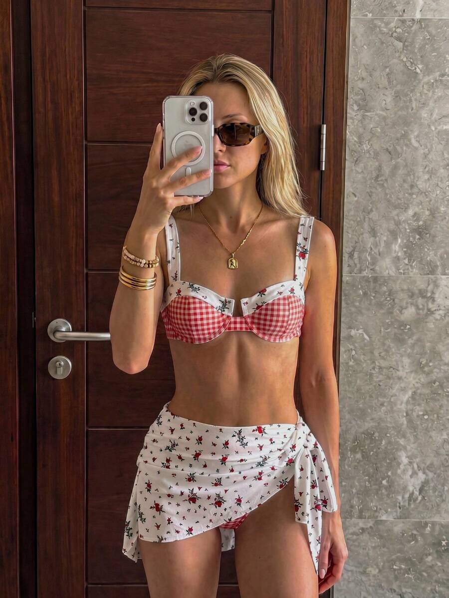 Bộ bikini 3 món họa tiết caro đỏ hoa mùa hè mới, đồ bơi tôn dáng cho kỳ nghỉ bãi biển, bộ đồ bơi thường ngày cho tiệc bãi biển - Nhiều màu - Xem 1