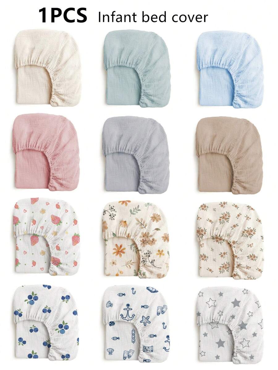1pc Soft, Breathable 100% Cotton Muslin Baby Crib Sheet, Adorable Floral Cartoon Print, Unisex Newborn Essential - Multicolor - View 1