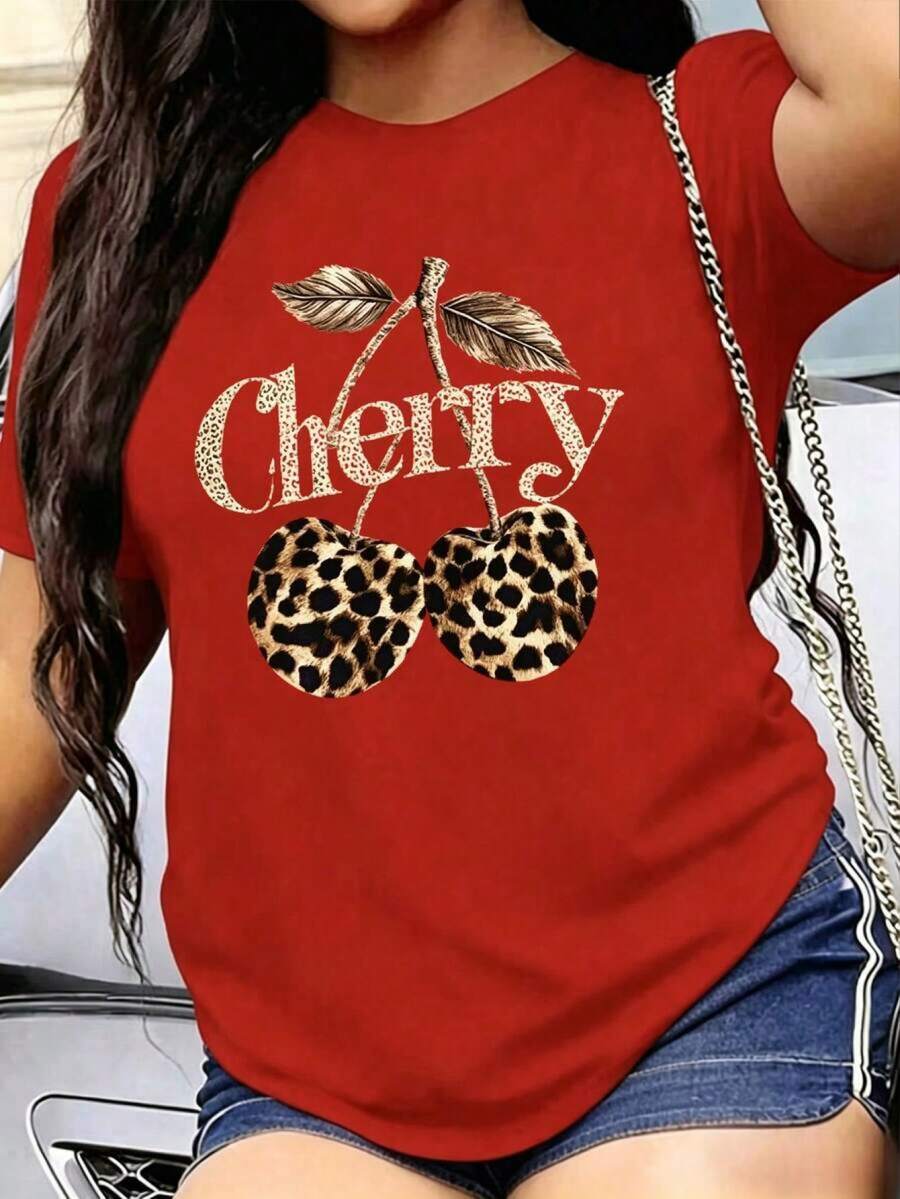 Playera Mujer "Cherry Leopardo" - Diseño Chic de Cerezas con Estampado Animal EGXG - Rojo - Ver 1