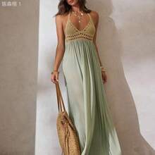 jianchaimaoyi02  Vestido elegante y sexy con escote en V profundo, hecho de ganchillo y parches de malla, para mujer. Ideal para vacaciones, atuendo de playa y vestidos de - Caqui - Ver 9