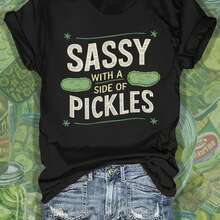 Camiseta con Estampado Divertido de Pepino encurtido, Manga Corta, Cuello Redondo Casual, Moda Primavera Verano para Mujer - negro - Ver 2