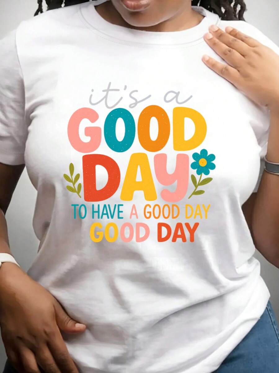 Camiseta Casual de Manga Corta para Mujer - Estampado Floral Colorido con la Frase "Es un BUEN DÍA para Tener un BUEN DÍA", Cuello Redondo Suave y Elástico, Lavable a Máquina, Top para Prima - negro - Ver 1