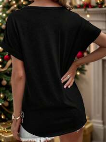 Camiseta de Moda para Mujer con Estampado de Letras Divertidas, Cuello en V Casual, Manga Enrollable con Muescas, Ropa de Mujer para Primavera y Verano - Negro - Ver 2