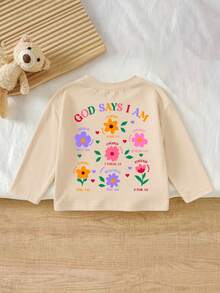 1pc Baby Girl Long Sleeve T-Shirt, "God Says I Am" Floral Print, Soft Fabric, Sweet Casual Style - Apricot - View 3