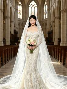 2026 Long Lace Veil, 1 Piece With 3-Meter Eyelash Lace Train, Built-In Metal Hair Comb, Suitable For Church And Cathedral Weddings, Bohemian Style. - Beige - View 4