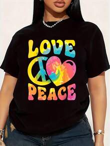 Hippie T-Shirt For Men And Women With Love And Peace Sign Design, Retro Groovy Tie Dye Style, Plus Size For Women, 1 Piece, Funny Short Sleeve Graphic Print T-Shirt - 黑色 - 查看 1