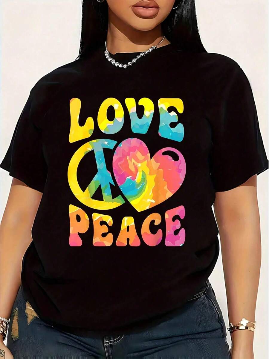 Hippie T-Shirt For Men And Women With Love And Peace Sign Design, Retro Groovy Tie Dye Style, Plus Size For Women, 1 Piece, Funny Short Sleeve Graphic Print T-Shirt - 黑色 - 查看 1