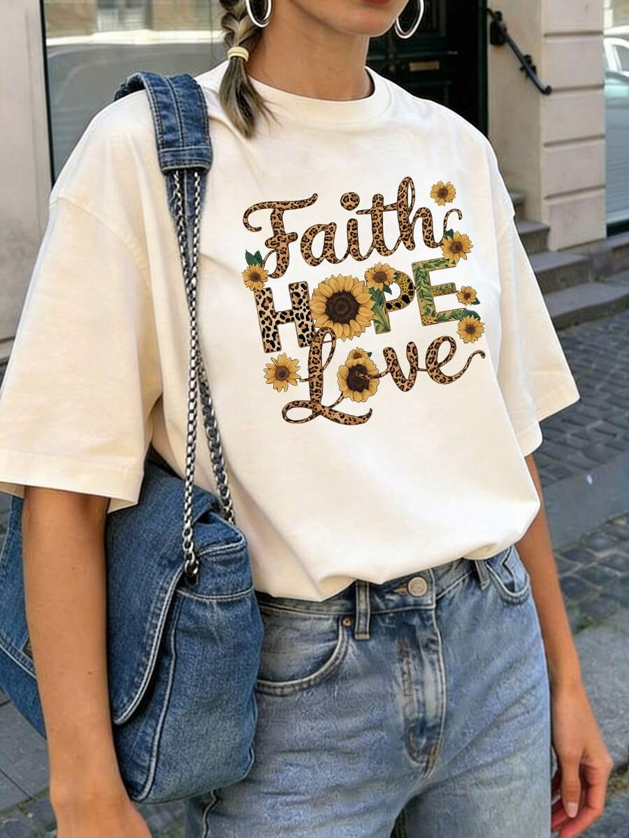 Summer New Arrival Simple Fashion Printed Casual Round Neck Short Sleeve T-Shirt, Versatile Stylish Blouse For Women - Apricot - View 1