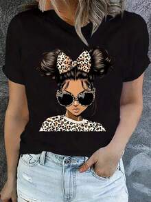Camiseta casual de talla para mujer - Elegante cuello redondo, top de manga corta con estampado de leopardo chic y diseño de moño, tejido ligero ligeramente elástico, ropa cómoda para - Negro - Ver 4