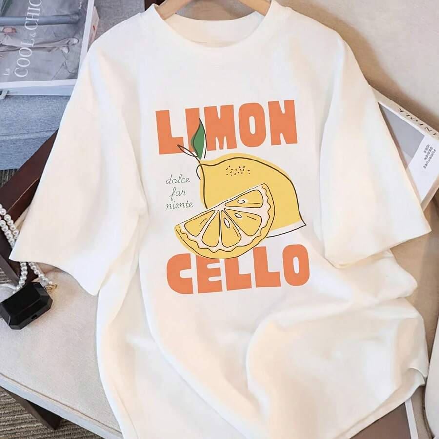 Camiseta con estampado de frutas y violonchelo de limón para mujer, Tops suaves y cómodos con cuello redondo, ropa informal para vacaciones para mujer - Multicolor - Ver 1