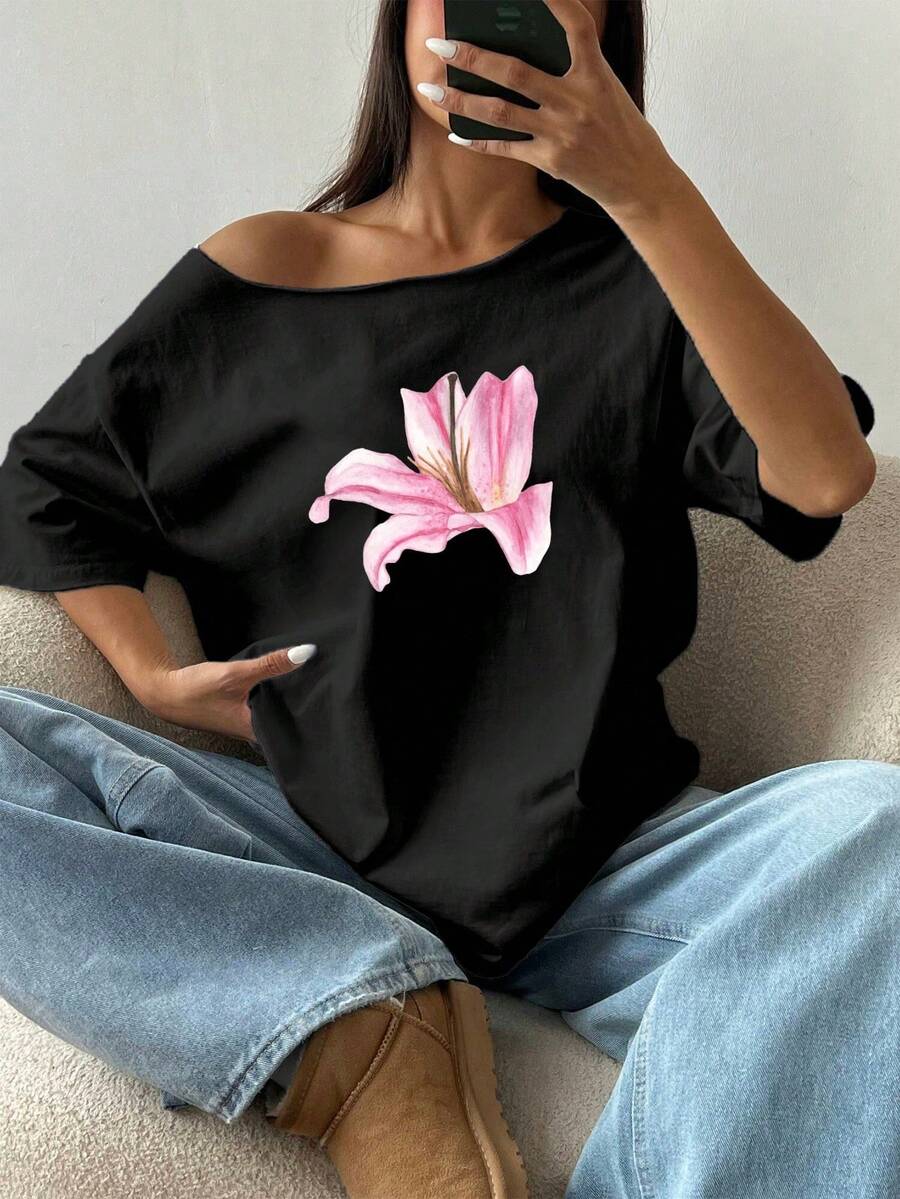 Women's Casual Printed T-Shirt, Short Sleeve And Round Neck, Local Urban Fashion Spring/Summer. Women's Blouses, Women's T-Shirts. 180g (S-XXXL) - 黑色 - 查看 1