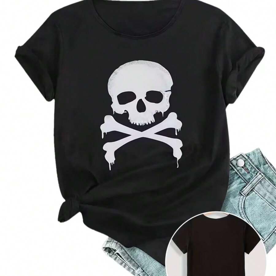 Camiseta holgada y cómoda de estilo Y2K con estampado de calavera para el trabajo, salidas y uso doméstico. Camiseta de talla grande para mujer, ideal para primavera y verano. - Negro - Ver 1