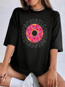 Camiseta Gráfica de Negocios para Mujer, Tallas Grandes, Divertida, de Manga Corta, Estilo Novedoso, Cuello Redondo, Casual - Negro - Ver 1