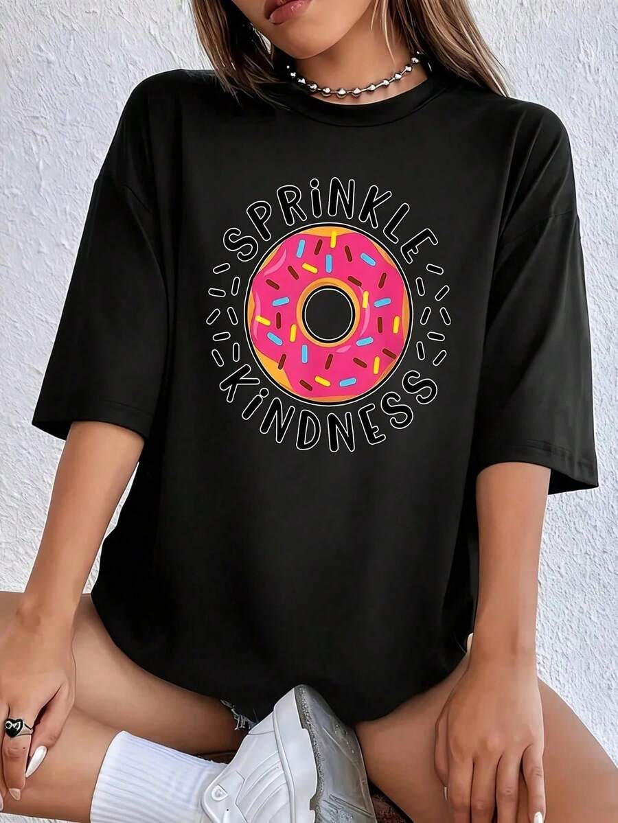 Camiseta Gráfica de Negocios para Mujer, Tallas Grandes, Divertida, de Manga Corta, Estilo Novedoso, Cuello Redondo, Casual - Negro - Ver 1