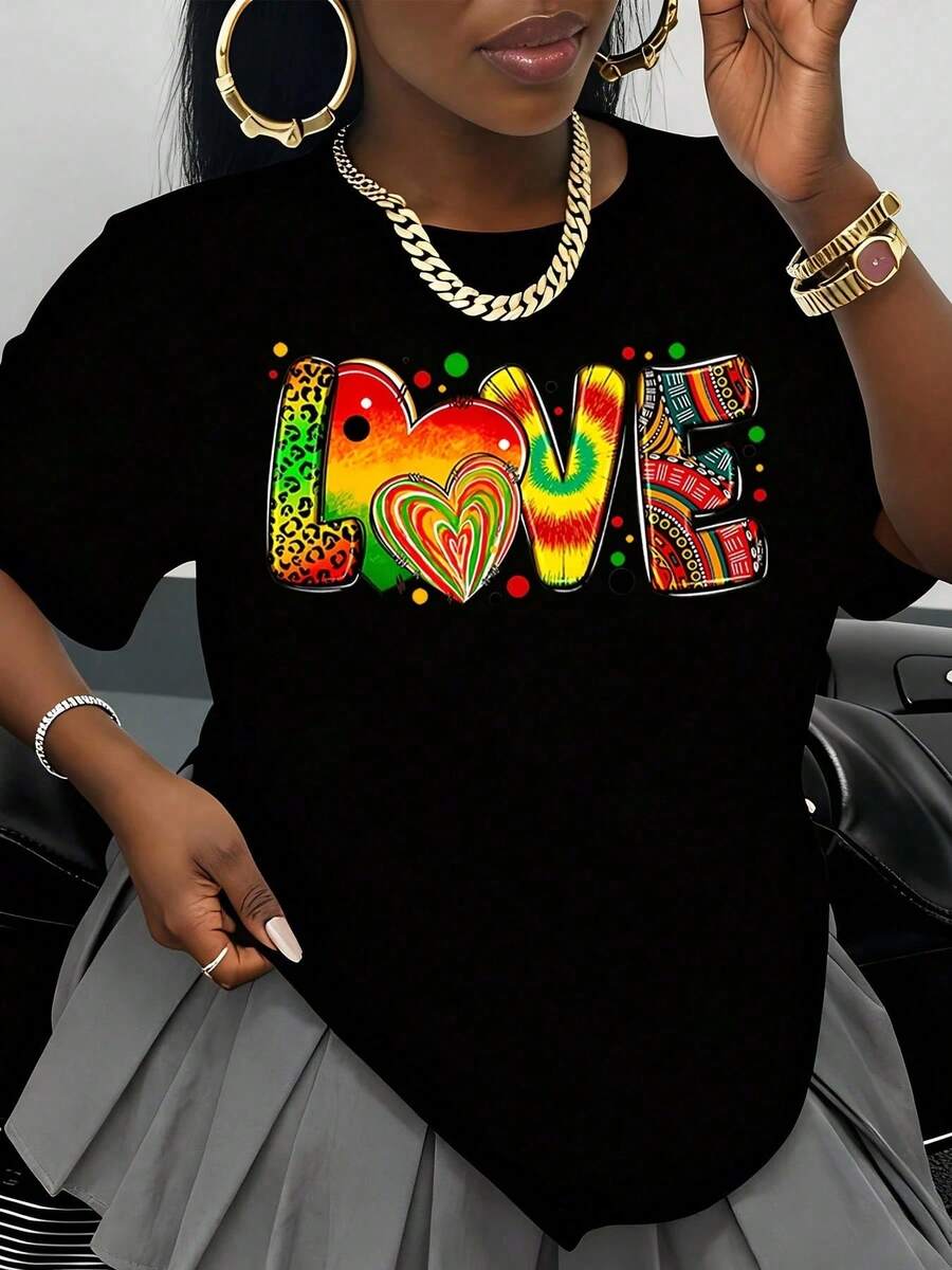 Camiseta Negra con Estampado Gráfico de Amor para Mujer, Diseño de Corazón Tie-Dye Colorido, Top de Moda, Ropa Casual, Regalo para el Día de San Valentín o Fiesta de Cumpleaños - Negro - Ver 1
