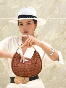 Luxury Women's Party Prom Metal Golden Weave Grass Bag Evening Clutch Bride Crossbody Bag,Perfect For Party,Wedding,Dinner/Banquet,With Wedding Dress - Brown - View 3