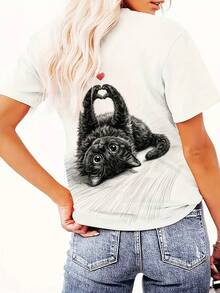 New Women's Clothing And A, Hand-Painted Black Cat Heart Print T-Shirt, Love Short Sleeve Casual Top, Plus Size Women's Clothing, New Release, Loose Fit - 黑色 - 查看 4