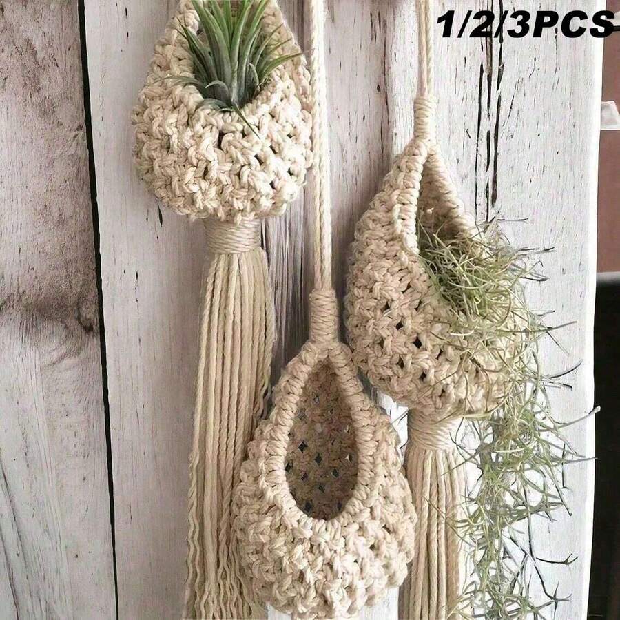 1/2/3pcs Handmade Woven Plant Hanging Baskets, Indoor Hanging Flower Pots, Air Plant Holders With Bird Nest Tassels, Bohemian Style Handmade Wall Decor Planter Baskets, Outdoor Home Decor, Room Decor, Wall Decor Gift, Birthday/Graduation Gift - Beige - View 1