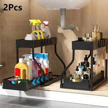1pc/2pcs Sink Storage Rack, Double Layer L-Shaped Structure With Hooks And Pull-Out Tray, Drill-Free Installation, Suitable For Kitchen Sink Under-Counter Storage, Home Desktop Organization - Multicolor - View 15