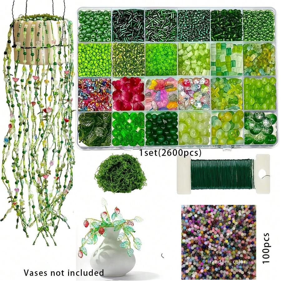 100pcs Loose Beads (6mm) / 2600pcs Green Preserved Leaf Beads Jewelry Making Kit, DIY Handmade Crafts, Bracelets, Necklaces, Earrings, Bag Charms, Keychain Making Materials Beads Set - Color Mixing - View 1