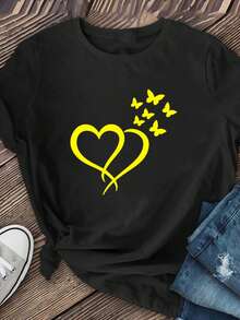 Camiseta de Mujer con Brillo, Corazón y Mariposa, Temática Anime - Manga Corta, Cuello Redondo, Top Casual de Verano, Blusa de Corte Holgado para Primavera/Verano, Lavable a Máquina, Ropa Ca - negro - Ver 1