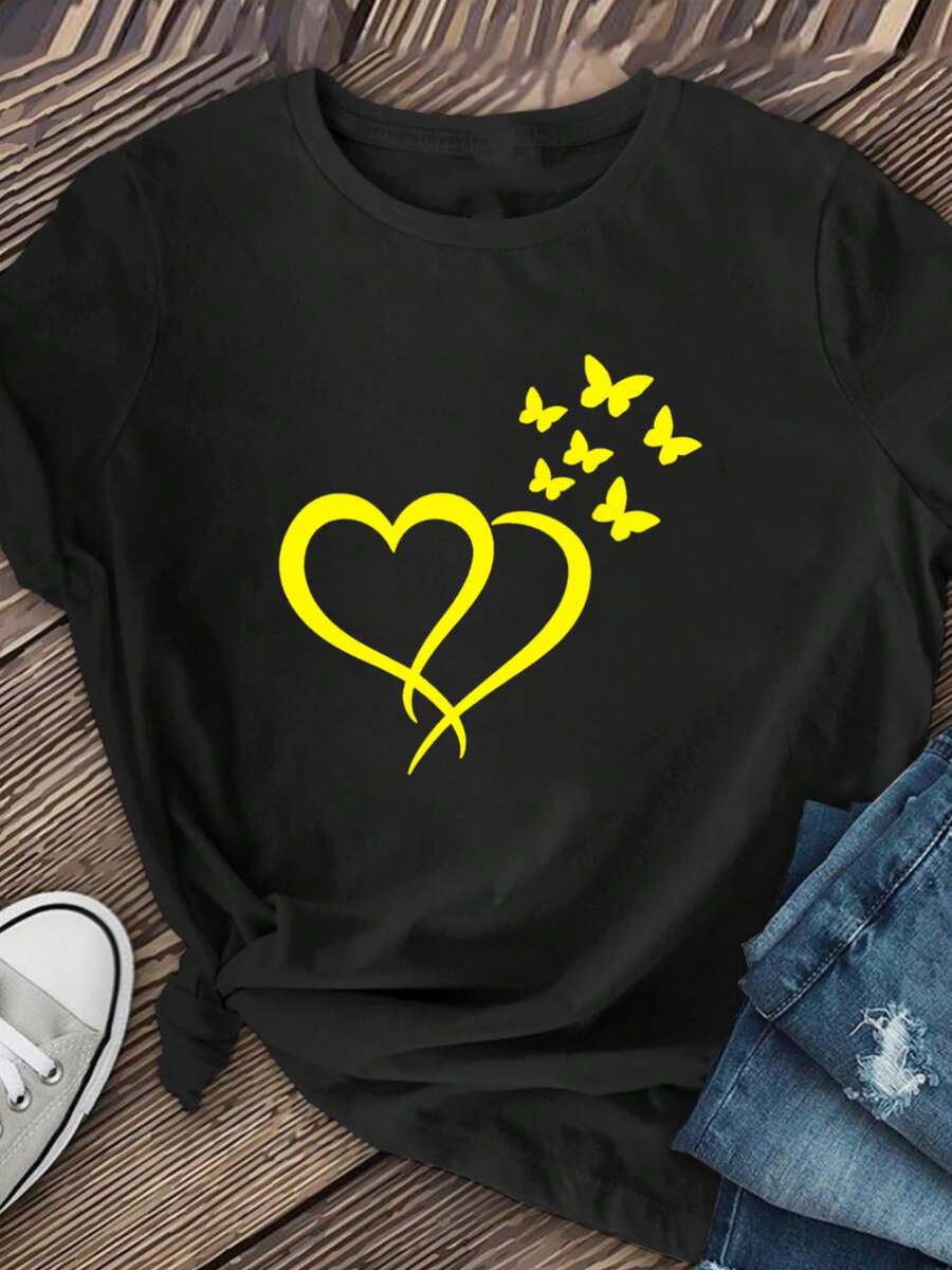Camiseta de Mujer con Brillo, Corazón y Mariposa, Temática Anime - Manga Corta, Cuello Redondo, Top Casual de Verano, Blusa de Corte Holgado para Primavera/Verano, Lavable a Máquina, Ropa Ca - negro - Ver 1