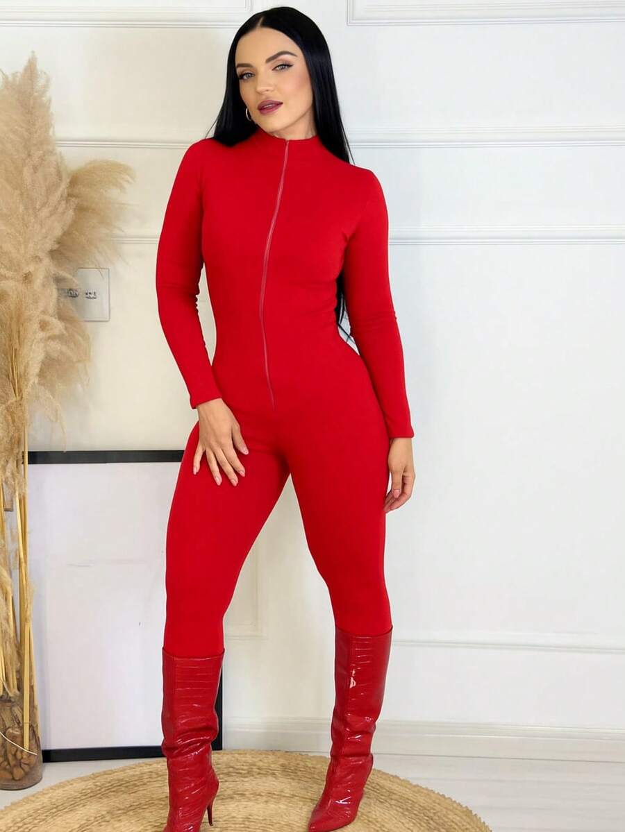 Elegant Women's Virginia Jumpsuit, Seersucker Fabric, With Zipper, Long Sleeves, Suitable For Winter And All Seasons. - 紅色 - 查看 1