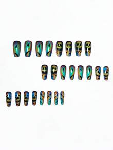 24pcs Halloween Mid-Length Glossy Black Bat Pattern Fashionable French Elegant Gradient Press-On Nails, Easy To Remove And Reusable, Multi-Color Nail Stickers For Travel, Party, Events And Holidays - Black - View 5