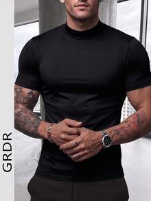 GRDR Men's Fashionable Mock Neck Short Sleeve T-Shirt | Exquisite Design | Summer Essential | Easy To Match | Showcase Your Style - Black - View 2
