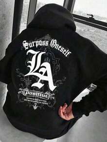 Men's Loose-Fitting Hoodie With Gothic Text Graphic Print, Autumn Winter - Hitam - View 1