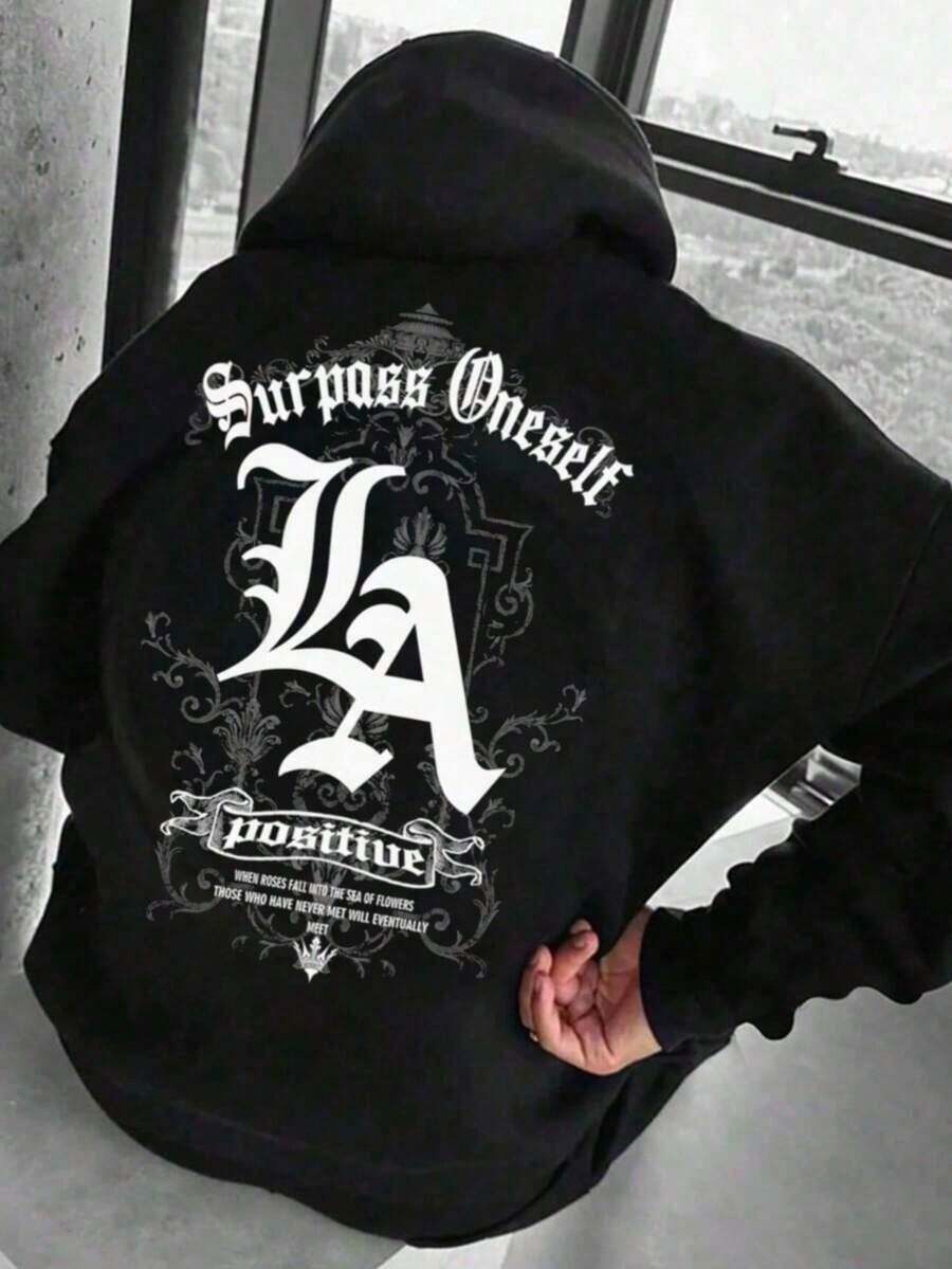 Men's Loose-Fitting Hoodie With Gothic Text Graphic Print, Autumn Winter - Hitam - View 1