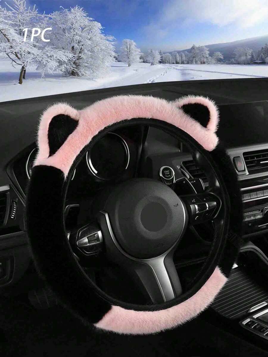 1PC Winter Fluffy Soft Cute Panda/Cat Ear Car Steering Wheel Cover, 14-15 Inch, Pink/Black/Grey, Car Interior Accessory - one-size - View 1
